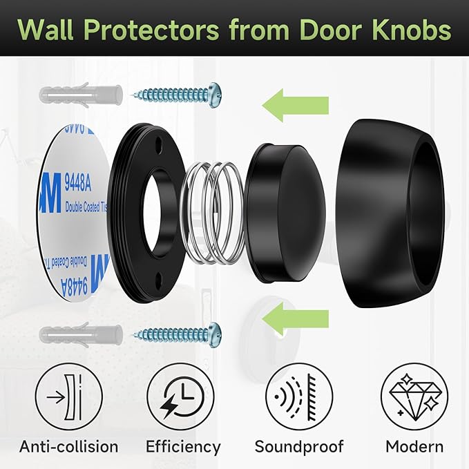 6PCS Door Stopper Wall Protector with Silicone Head, Aluminum Door Knob Wall Protector, Spring Shock Absorption Technology, 1.65" Door Stoppers for Wall, Adhesive Installation or with Screw
