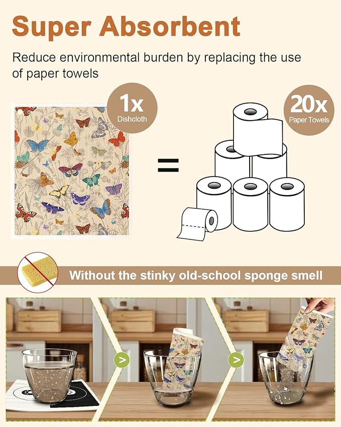 Kitchen Swedish Dishcloths with Hooks - 6 Pack Reusable Dish Cloths for Washing Dishes Fast Drying Cute Fun Swedish Dish Towels Washable Cleaning Sponge, Plant Butterfly