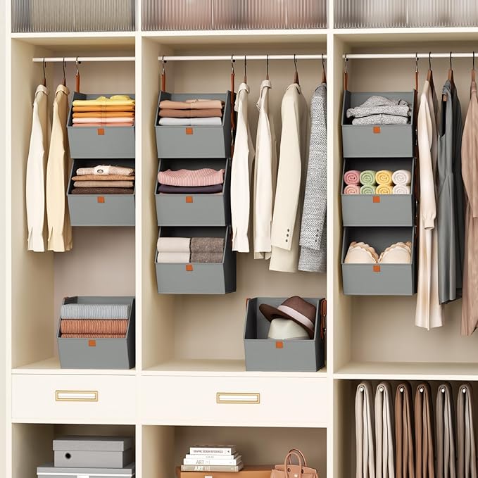 Collapsible Hanging Closet Organizer - 6 Tier Closet Shelves Storage System with Hooks, Fabric Hanging Storage Bins for Clothes, Foldable Storage Basket for Laundry, Bedroom, Rv, Grey