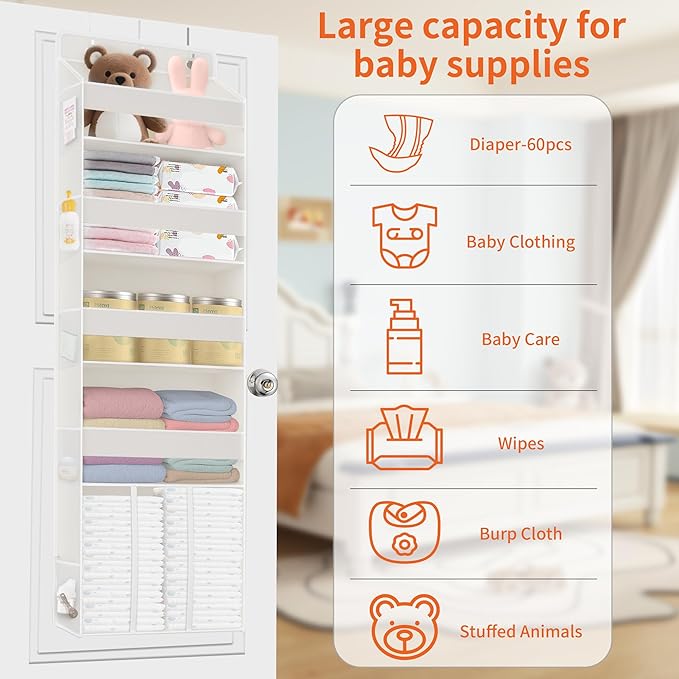 5-Tier Over The Door Organizer with 10 Mesh Pockets | Large Capacity Hanging Closet Storage for Baby Diapers, Toys, Nursery& Newborn Essentials (Beige)