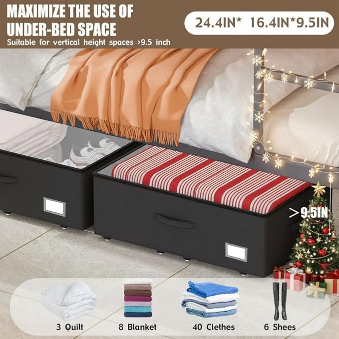 EE-RoomWorld Underbed Storage Bins With Wheels, No Assemble Required 10 inches Height Large Capacity Rolling Underbed Shoe Storage Containers，Dorm Underbed Storage Drawers