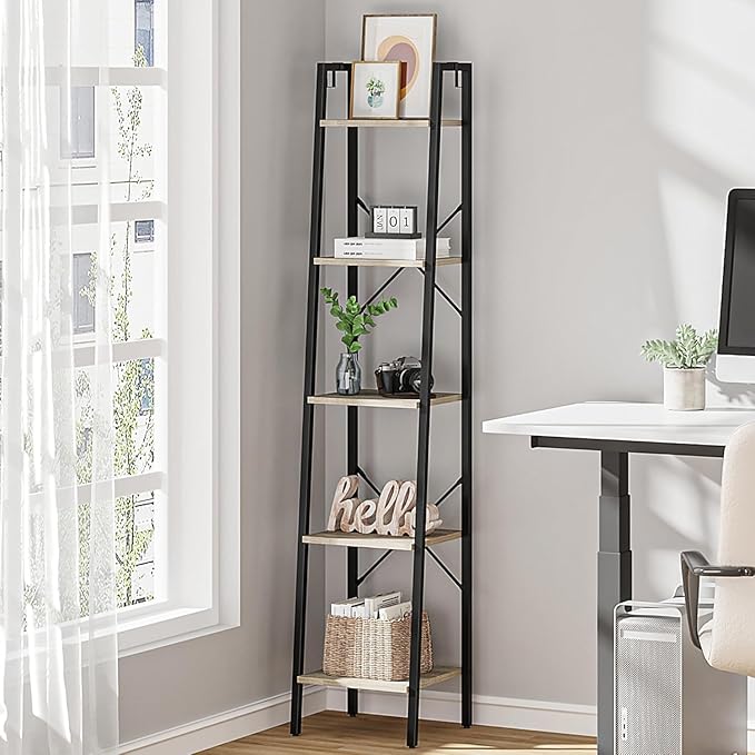 Ladder Shelf, Bookshelf Bookcase, Freestanding Corner Storage Shelve with 2 Hooks for Home Office, Living Room, Kitchen, Bedroom, Industrial, 11.8" D x 13.4" W x 63" H, Greige BC03205B