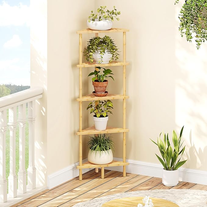 HOOBRO Corner Shelf Stand, 5-Tier Bamboo Corner Bookshelf, Plant Display Shelf, Corner Bookcase, Multipurpose Shelving Unit for Small Space, Living Room, Easy Assembly, Natural YL20CJ01