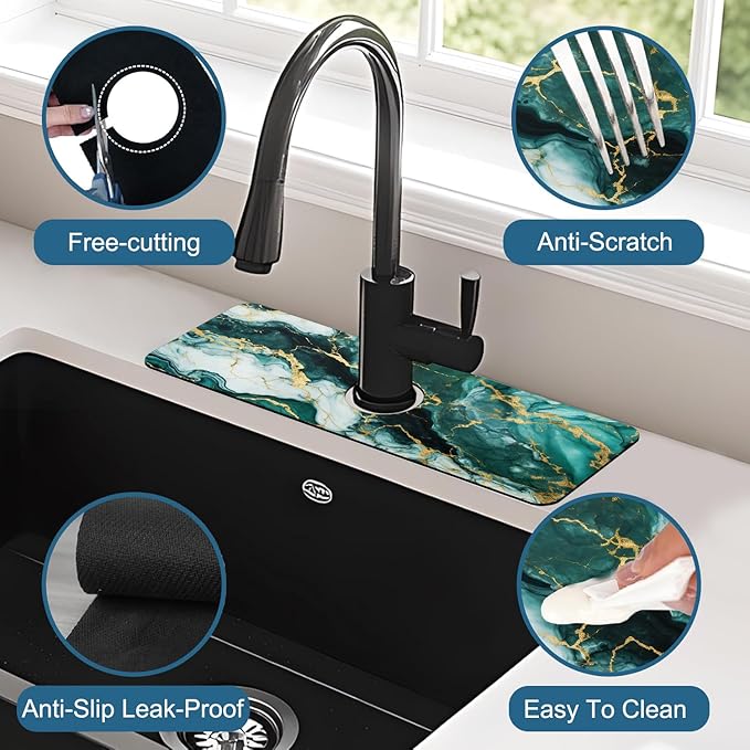Green Marble Sink Faucet Absorbing Mat Liquid Gold Marble Super Absorbent Fast Drying Mat Sink Gadgets Behind Faucet Sinkmat for Kitchen Bathroom, 15.5"x5.5"