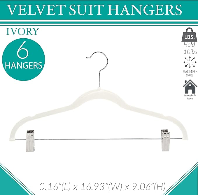 Simplify Velvet hangers - Plastic Hangers with Zink Hooks - Hangers for Pants, Shirts, Clothes - Ivory - Pack of 6 - 0.16" x 16.93" x 9.06"