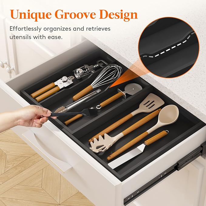 Lifewit Utensil Organizer for Kitchen Drawer, Expandable Cooking Utensil Tray, Cutlery Silverware Flatware Holder, Wood Adjustable Spatula Tools Storage Divider, 30-55 x 40cm, Black