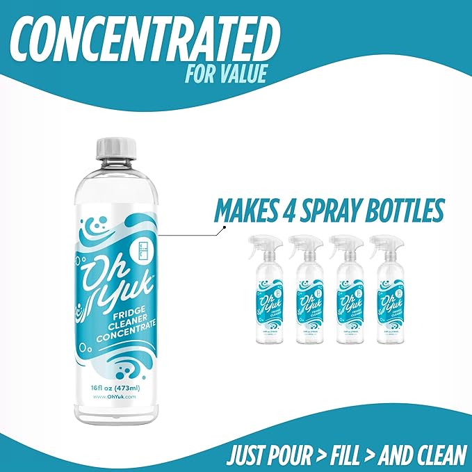 Oh Yuk Fridge Cleaner – 16 oz Concentrate Refill | Makes 4 Spray Bottles | Cleans Inside Refrigerator for Spotless, Food-Contact Safe Surfaces | Lifts Sticky Messes & Dried-On Food