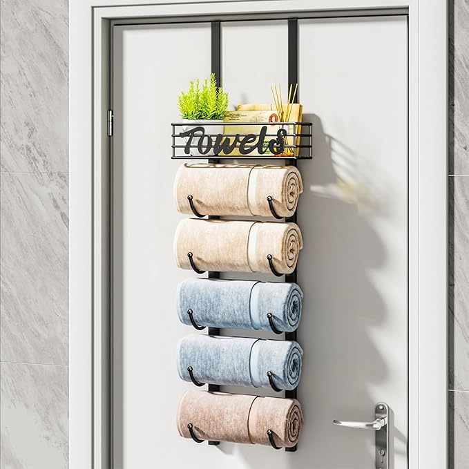 HapiRm Towel Racks for Bathroom Storage - 6 Tier Over The Door & Wall Mount Rolled Towel Storage Organizer Holder with Metal Shelf Basket for Small Bathroom, Camper, Rv - Black, Patented