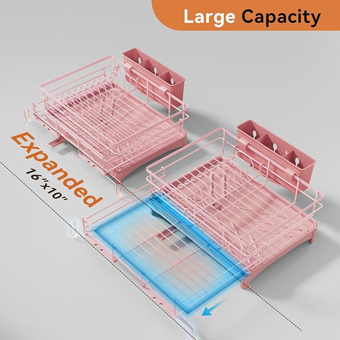Dish Drying Rack - Expandable Rack, Large Capacity Dish Drainer for Kitchen Counter, Rust-Proof with Utensil Holder, Pink
