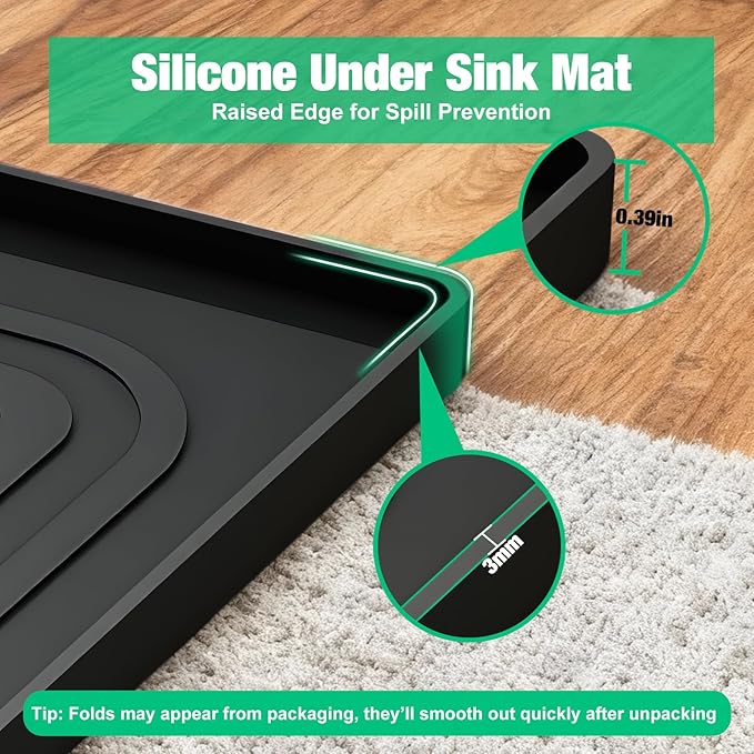 Aisslro Under Sink Mat 34" X 22", Waterproof Silicone Cabinet Organizer Protector with Raised Edge, Kitchen & Bathroom Leak Tray, Shelf Liner & Pet Feeding Mat for Dog Cat Food Mats, Black