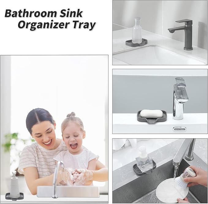 MicoYang Silicone Bathroom Soap Dishes with Drain Spout-Bathroom and Kitchen Sink Organizer,Sponge Holder,Dish Soap Tray,Perfect for Dispenser,Scrubber,Bottle,Cup on Sink or Counter-Grey 4.9"×3.2"