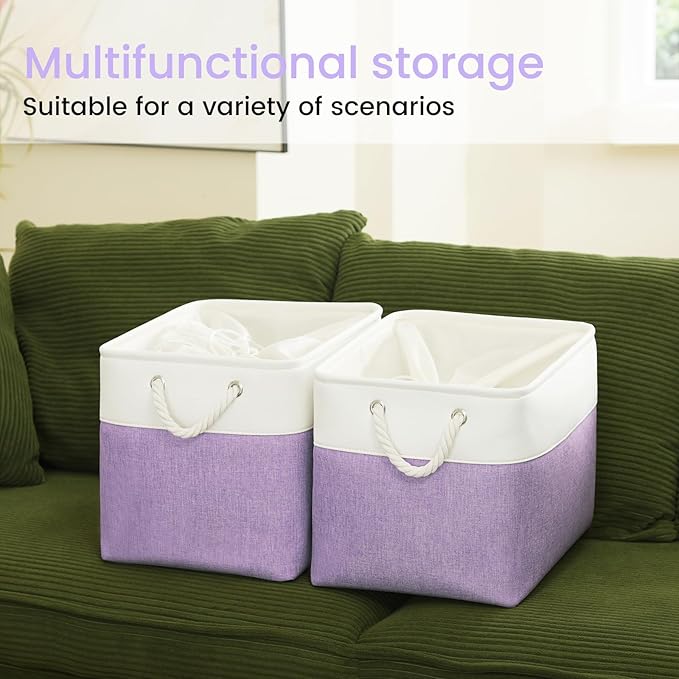 Large Storage Baskets- 16x12x12 inch Storage Bins for Shelves and Closet Organizing, Foldable Fabric Bin for Home Organization Clothes and Laundry (3-Pack, White&Purple)