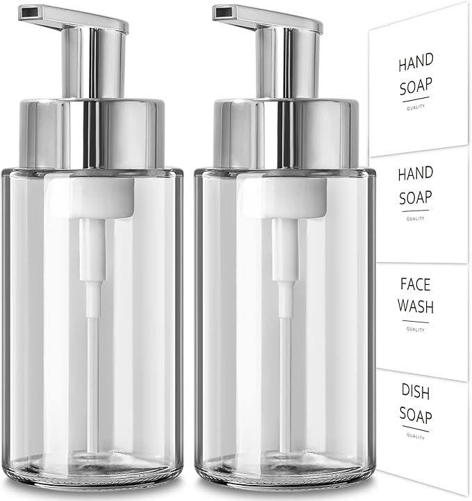 Glass Soap Dispenser, 10 oz/300ml Foaming Soap Dispenser, 2 Pack Foaming Hand Dispenser for Bathroom & Kitchen, Clear Refillable Foam Soap Bottle with Silver Pump