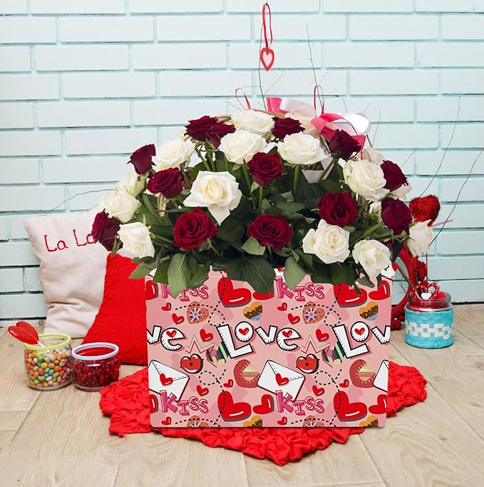 Rectangular Heart Print Storage Basket Empty,Collapsible Gift Basket with Handles,Books Box,Room Decor(Love Letter)