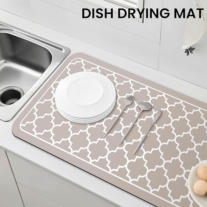 WISELIFE Dish Drying Mat Super Absorbent Drying Mat Large Dish Drying Mats for Kitchen Counter Easy Clean Dish Mat Kitchen Drying Mat18"x 36" Stylish Khaki