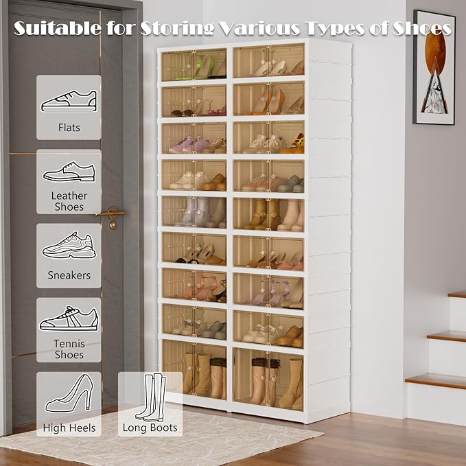 9-Tier Portable Shoe Rack Organizer for Closet, 36 Pairs Shoe Container Bins, Clear Plastic Collapsible Shoes Storage Box, Stackable Sneaker Storage Shoe Cabinet with Door