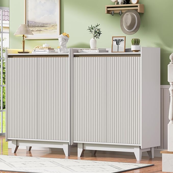 ZLWJGY White Fluted Shoe Cabinet with Adjustable Shelves, Shoe Cabinet Storage for Entryway Hallway Living Room Bedroom, Shoe Rack Cabinet with 2 Doors 2PC, White & Walnut 43.7” H