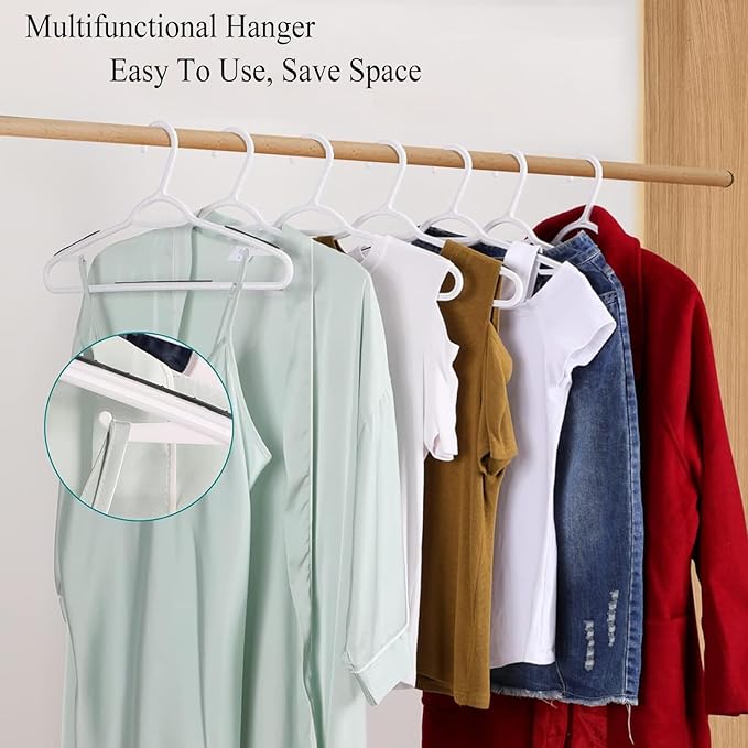ISHUNAHOME Plastic Hangers 50 Pack - Non Slip Clothes Hangers,Holds up to 18 lbs, Slim Space Saving Hangers for Suit,Dress,t Shirts,Blouse,Coats, Pants (White)