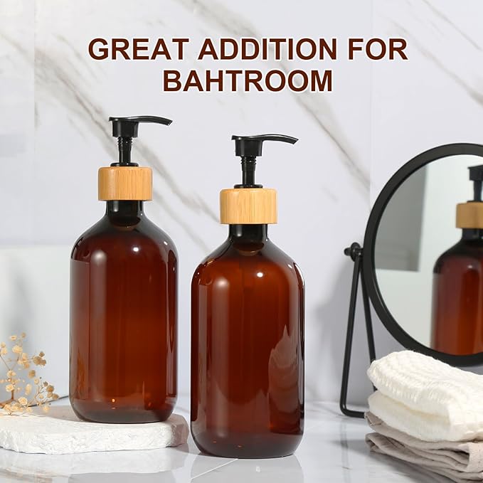 Amber Soap Dispenser Plastic, Brown Dish Soap Dispenser with Bamboo Pump for Kitchen,17 Fl Oz Hand and Dish Dispenser Set for Bathroom, Farmhouse Liquid Soap and Lotion Dispensers Bottle