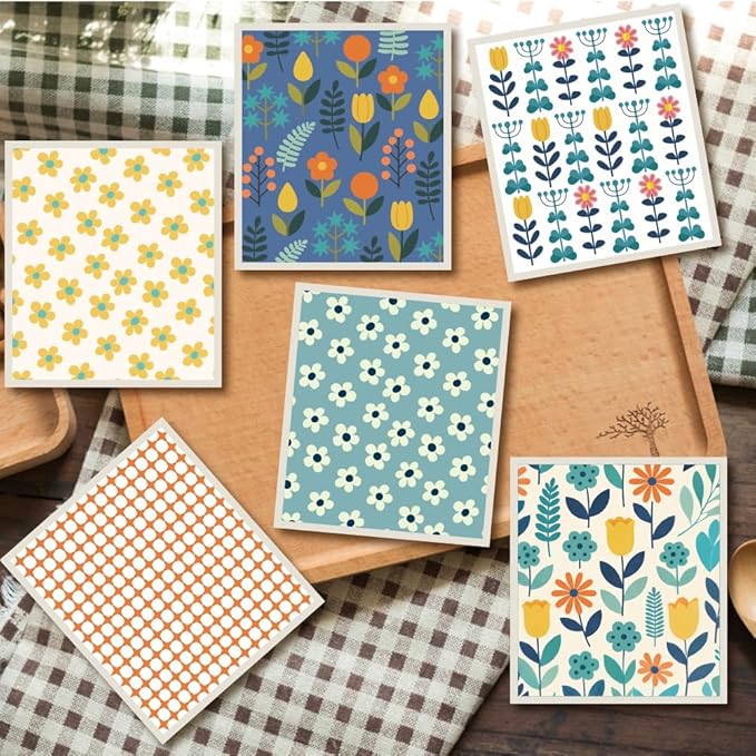 6Pcs 6 Styles Swedish Dish Cloth Floral Quick Drying Sponge 7.7 x 6.8 Inch for Kitchen Countertop Cleaning, Swedish Dishcloths Reusable Absorbent Decorative Towels for Dishes Tableware Use