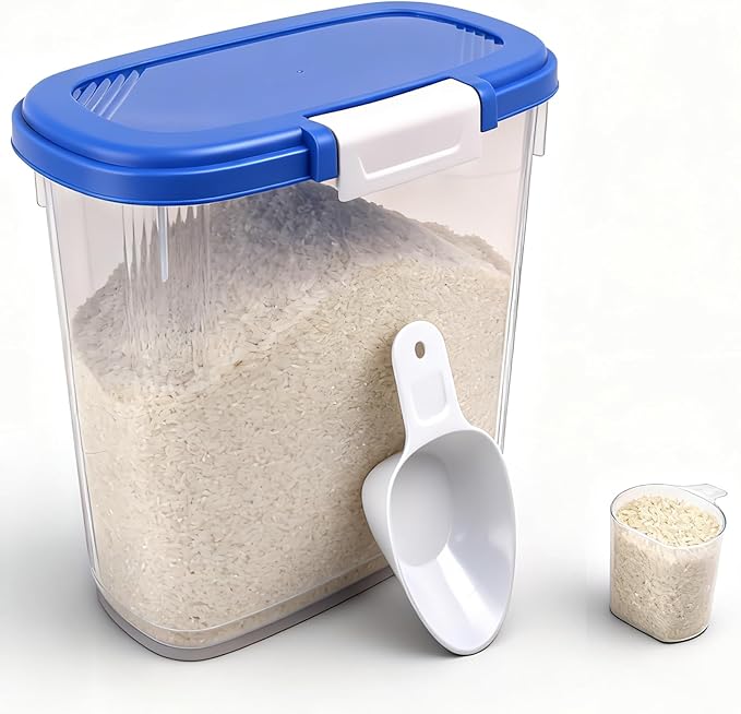 Large Rice Storage Container 20 Lbs - Tall Flour Container with Scoop + Cup - Slim Dry Food Storage Bin for Cereal, Sugar, Beans, Pet Dog Cat Food Container - Kitchen and Pantry Storage Organization