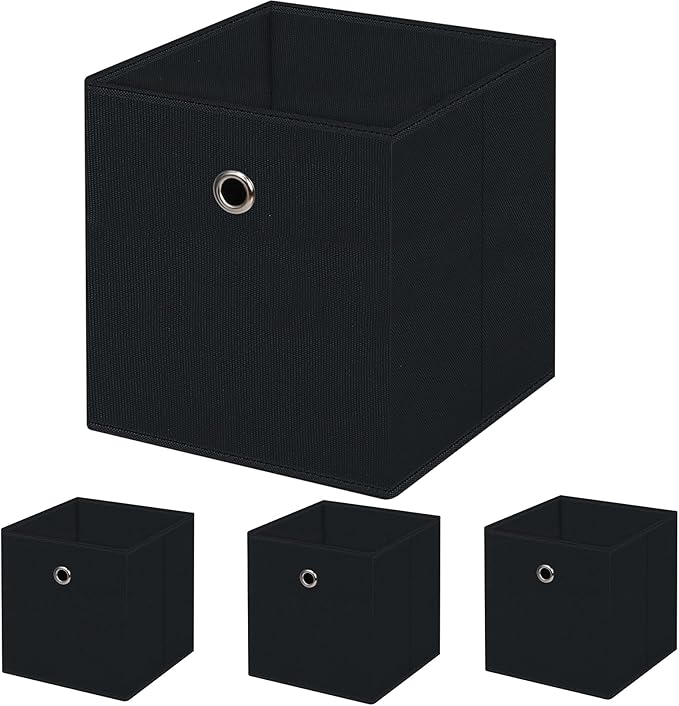 13 inch Record cubes storage bins,collapsible fabric storage cubes Decorative storage basket,apply to clothes organizer box,shelves in closet,laundry,daycare centers,offices,4 Pack(Black) ﻿
