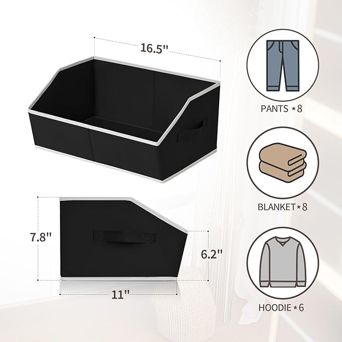 Trapezoid Closet Shelf Organizer - Large Baskets for Organizing, Fabric Storage Cubes for Shelves, Storag Organizers Bins for Clothes, Blankets, 3 Pack, Black