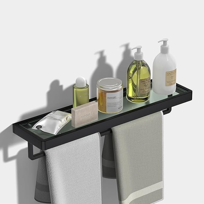 SFGSOWOR Floating Glass Shelves for Bathroom 20-in with Towel Bar/Tempered Glass Rectangular 1 Tier Organizer Shelf (Matte Black, 20'')