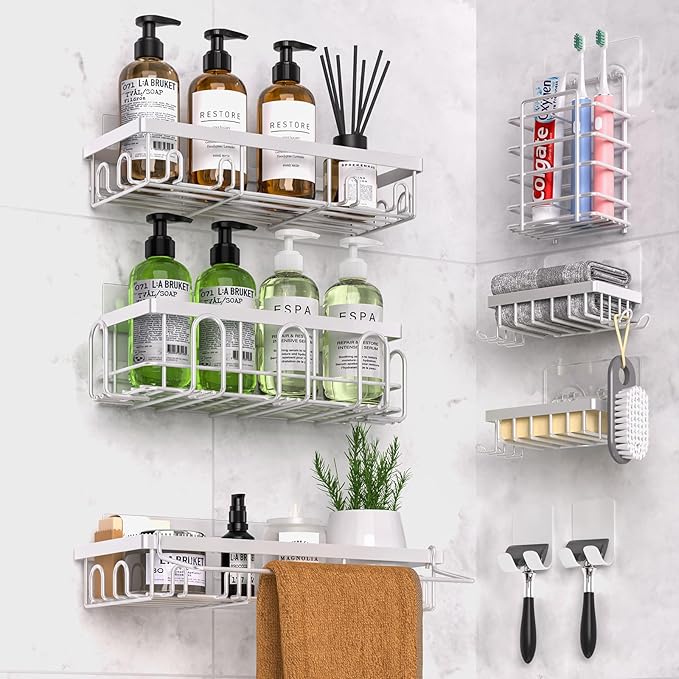 Shower Caddy 9 Pack,Adhesive Organizer for Bathroom Decor Accessories & Kitchen Storage,No Drilling,Large Capacity,Rustproof Stainless Steel Organizer,Home Decor Shelves