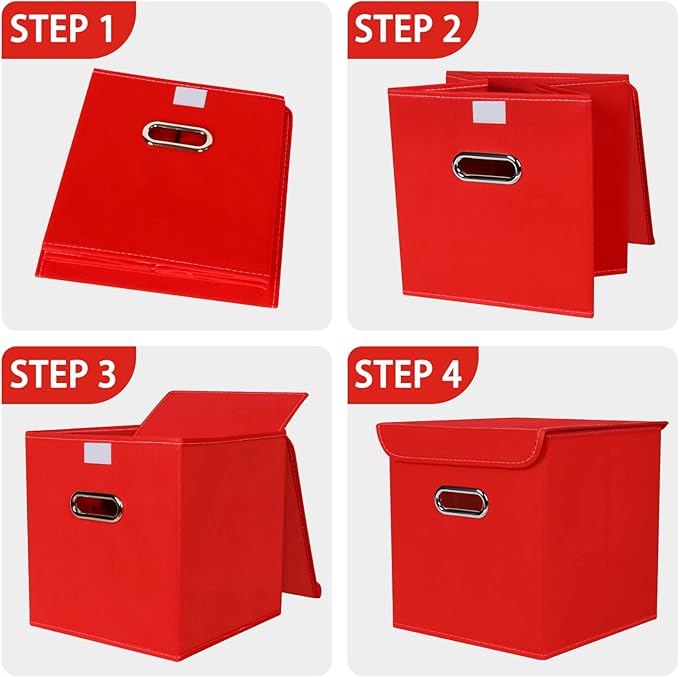 Closet Organizers Fabric Storage Bins With Lids Collapsible Cube Storages Organizer Basket With Handles,Storage Boxes for Clothes Storage,Office,Toys,3 Pack,（Red