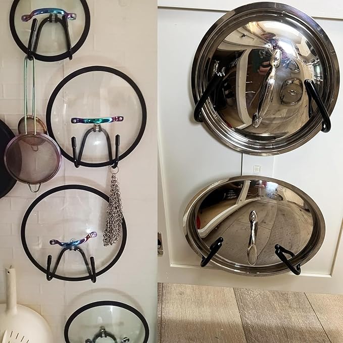 Set of 4 Pan Pot Lid Holders, Self-Adhesive Cabinet/Wall Mount Storage Organizer, Suitable for Lids Up to 11 Inches, Rust Resistant
