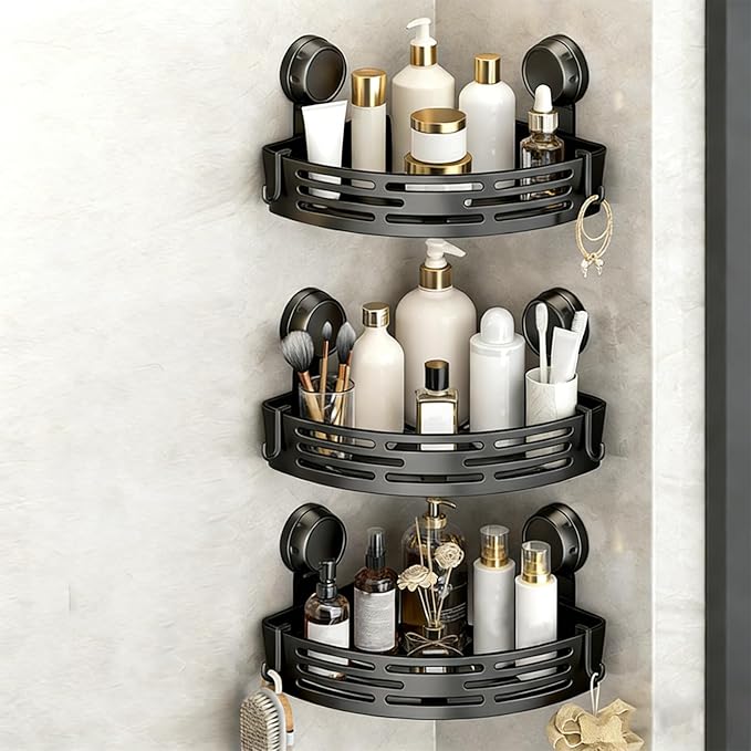 kdlgjdv Triangle Suction Cup Shower Caddy, No-Drill Bathroom Corner Shelf, Small Bathroom Storage Cabinet, Easy To Install, Heavy-Duty Strong Hold Shower Storage Rack For Shampoo & Soap (Black*3)