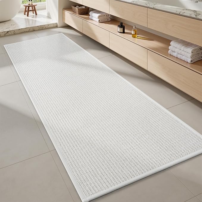 MontVoo Bathroom Runner Rugs,Chenille Absorbent Bath Mat Runner Quick Dry Rubber Backed Bath Runners Non Slip Washable Long Bathroom Rugs,Ultra Thin Bath Rugs Fit Under Door,24"x47",White