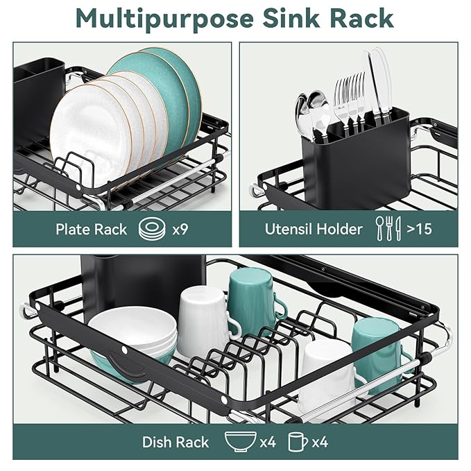 Over the Sink Dish Drying Rack,In Sink Dish Drying Racks,Expandable Dish Rack Over Sink Counter,Adjustable Dish Drainer for Inside Sink with Utensil Holder, Stainless Steel Dish Strainer Large Size