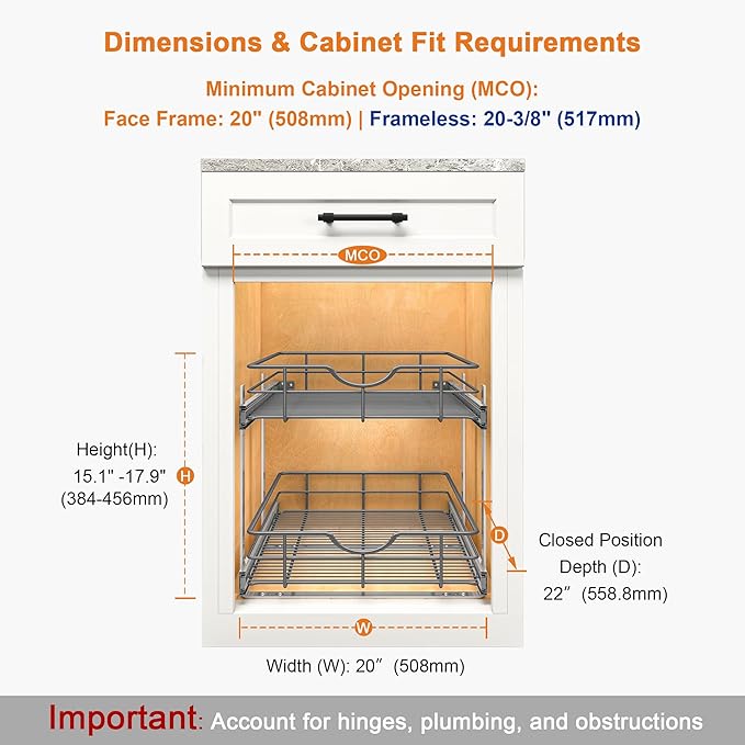 ALINE FURNITURE 2-Tier Pull Out Cabinet Organizer - 20" W x 22" D Soft Close Pullout Shelves with Shelf Liners - Slide Out Drawers for Kitchen Cabinets, Pantry, Bathroom, Heavy Duty Steel Wire Baskets