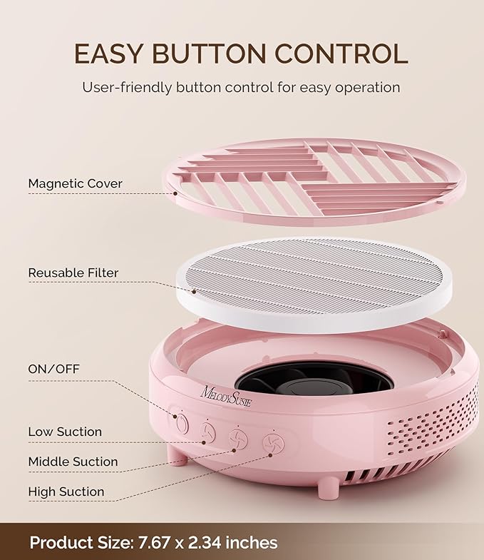 MelodySusie Compact Nail Dust Collector with Lightweight Design, Hpro 3800RPM Portable Nail Vacuum Fan with 3 Suction Modes, Reusable Filter & Easy-Control for Beginners, Nail Students & Home Use,Pink