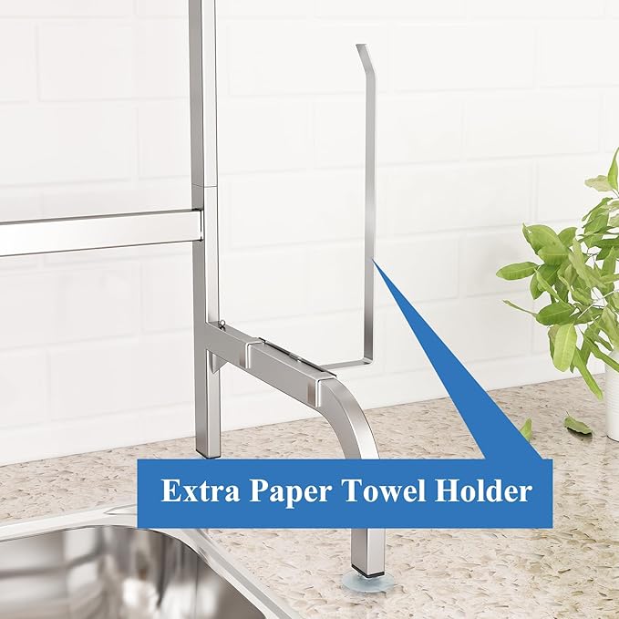 SAYZH Over The Sink Dish Drying Rack, Adjustable (25.5 to 33.5 inch) 2 Tier Metal Steel Dish Drying Racks for Kitchen Counter with Hooks Paper Towel Utensil Cup Holder Sink Caddy (Silver)