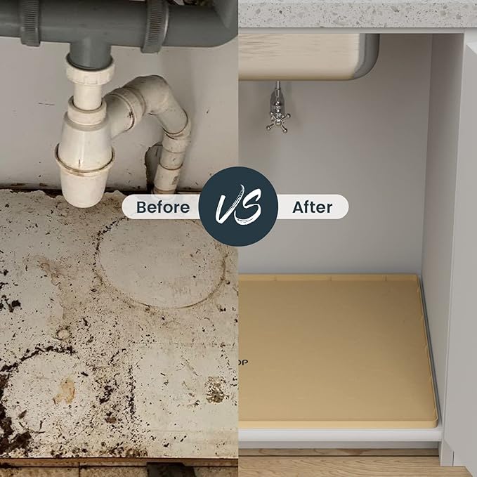 Under Sink Mat, 28" x 22" Silicone Kitchen Cabinet Tray, Waterproof & Flexible Under Sink Liner for Kitchen Bathroom and Laundry Room(Beige)
