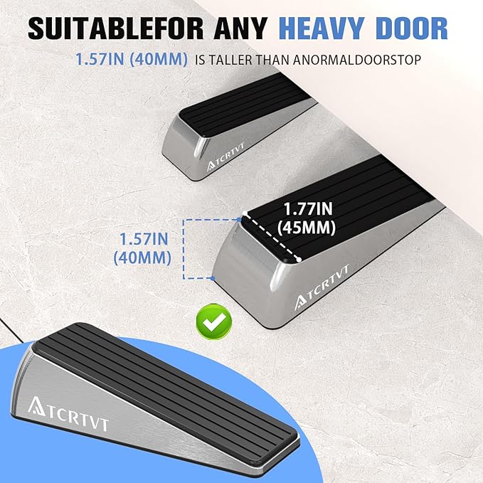 Heavy Duty Door Stopper Wedge - 1 Pack Big Size Door Stop Wedge Made of Aluminum Alloy Metal Suits Any Door, Any Floor with Set of 2 Plus Self-Adhesive Holder Satin Nickel Large Version