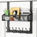 HapiRm Over The Door Hooks - Easy Installation Door Hanger with Basket and 16 Hooks, 304 Stainless Steel Storage Organizer for Towels, Coats, Bathroom, Kitchen, Dorm - Black