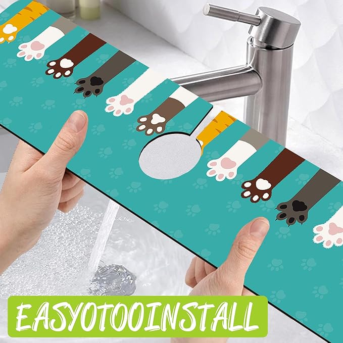 Sink Splash Guard Faucet Mat Cat Paws and Footprints Absorbent Fast Drying Mat Sink Gadgets Splash Guard Behind Faucet Drip Catcher for Kitchen Bathroom 23.5"X5.5"