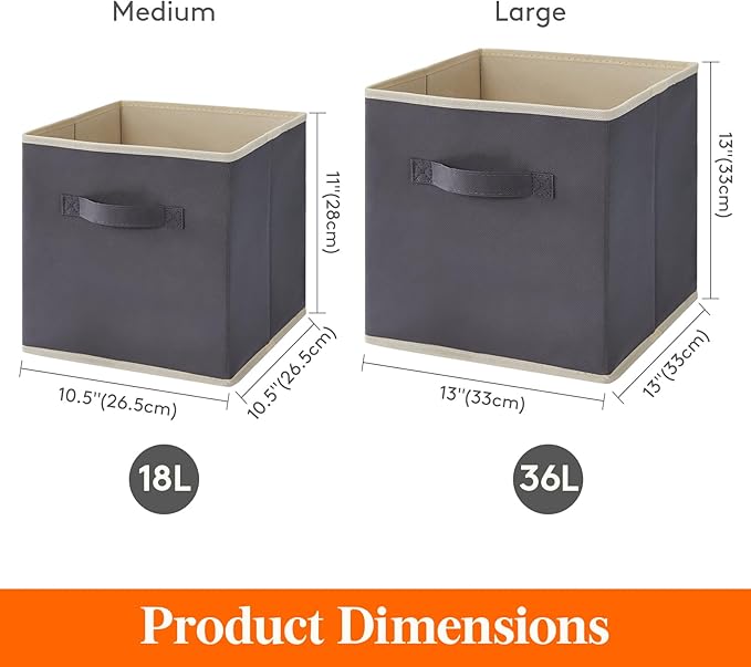 Lifewit Storage Cubes, Foldable Decorative Fabric Storage Baskets for Organizing Home Organizers with Handles for Shelves, Closet, 13 Inch Bins, 36L Gray, 10 Packs