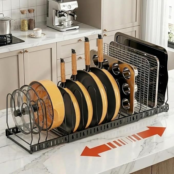 Pot and Pan Organizer Rack for Cabinet, Expandable Pot Lid Organizer Holder with 12 Adjustable Compartment for Kitchen Cutting Board, Pan Lid, Cabinet Cookware Baking