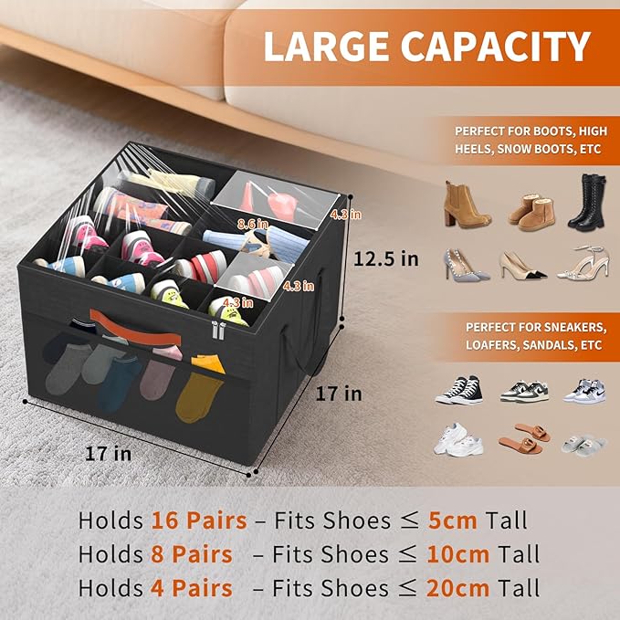 Aokeyee 2 Pack Shoe Organizer for Closet, Foldable Shoe Storage Organizer Box w/Clear Cover and 4 Reinforced Handles, Space Saving Shoes Bin Fits up to 32 Pairs, Black
