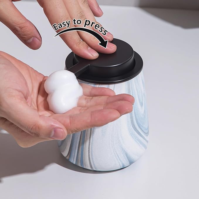 12Oz Foaming Hand Soap Dispenser - Ceramic Bathroom Foam Soap Dispenser with Easy-to-Press Black Pump, Refillable Lotion Hand Dispenser, Dish Soap Dispensers for Kitchen, Marble Blue