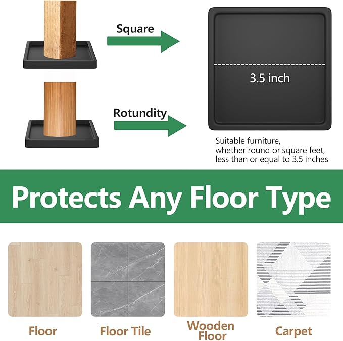 Rubber Furniture Coasters 8 Pcs 3.5” Square Furniture Caster Cups Non Slip Leg Protectors Pads