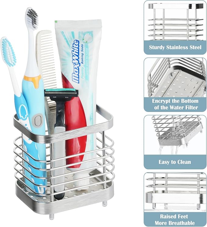 MYITYARD Toothbrush Holder for Bathroom, Stainless Steel Ventilated Electric Toothbrush & Toothpaste Holder, Modern Metal Bathroom Toothbrush Organizer, Bathroom Accessories, Silver