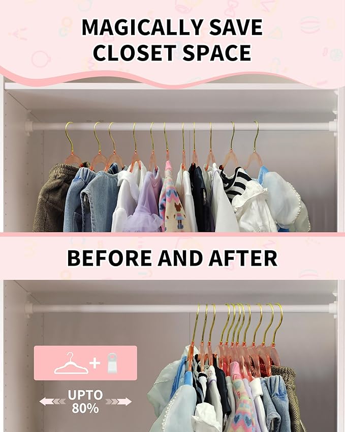 HGYZE Kids Hangers, Plastic Baby Clothes Hanger 50pcs Toddler Hangers, Clear-Pink Sparkling Hangar with Gold Glitter for Girl Nursery Children Coat Sweater, Small Hanger for Infant Newborn Closet