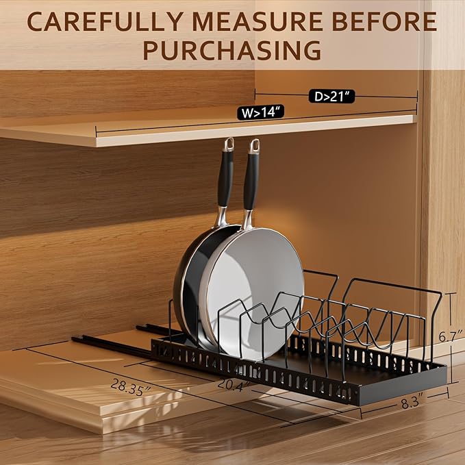 Pots and Pans Organizer Under Cabinet, Pull-out Pots and Pans Organizer, Under Cabinet Pot Lid Holder, Sliding type Pots and Pans Storage with 10 Adjustable Dividers & Handle Bracket - Black