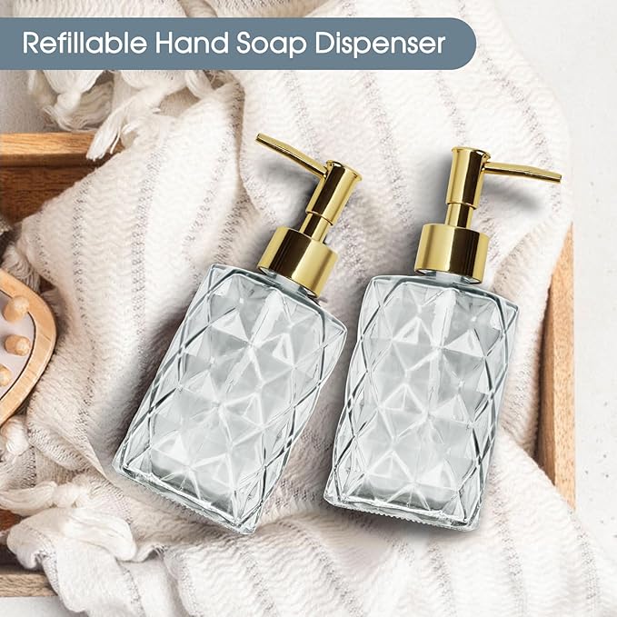 Topsky 2pcs Glass Soap Dispenser with Plastic Pump,330ml Liquid Hand Soap Dispenser,Rustproof Pump for Kitchen & Bathroom,Great for Lotions,Essential Oil,Liquid Soaps,Clear